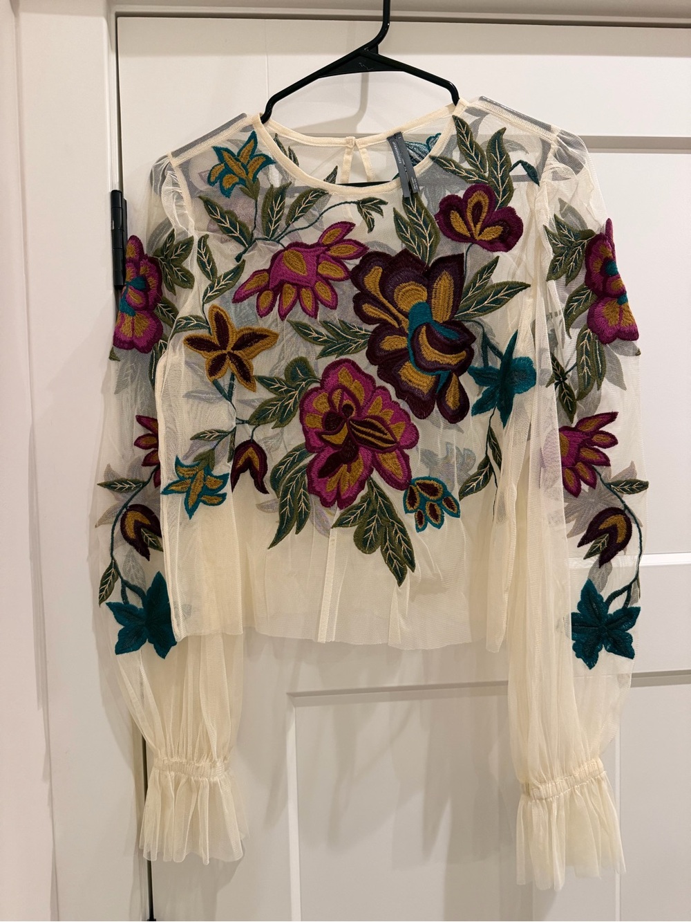 Anthropologie Ivory Sheer Blouse with Multicolor Floral Embroidery